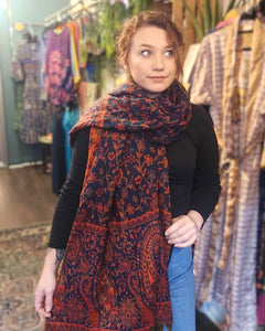 Cosy Large Indian Shawl with tassels Dark Blue & Deep Orange/Red