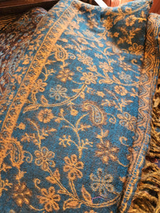 Cosy Large Indian Shawl with tassels Teal & Mustard