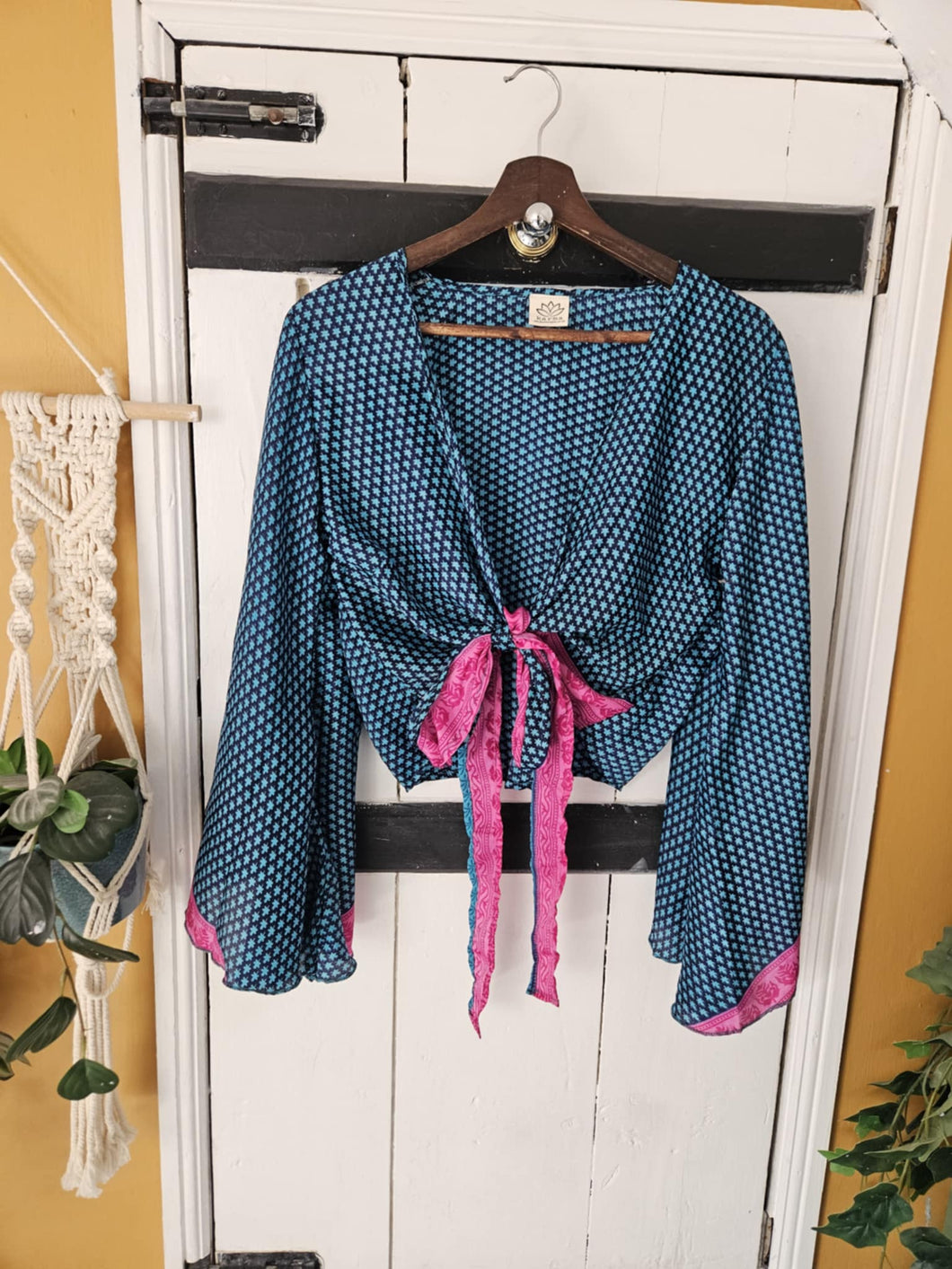 Blue Repurposed Sari Butterfly Top 8-14