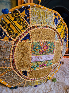 Yellow Indian pouffe www.karmaripon.co.uk