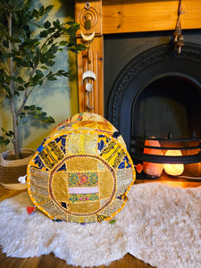 Yellow Indian pouffe www.karmaripon.co.uk