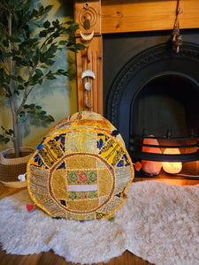 Yellow Indian pouffe www.karmaripon.co.uk