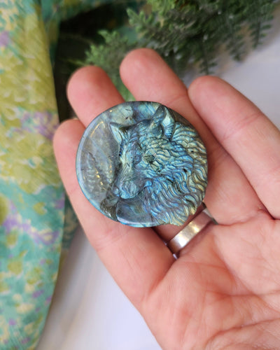 Labradorite Hand Carved Wolf www.karmaripon.co.uk