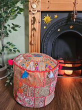 Load image into Gallery viewer, Patchwork indian pouffe for home storage www.karmaripon.co.uk