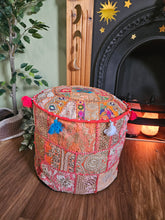 Load image into Gallery viewer, Patchwork indian pouffe for home storage www.karmaripon.co.uk