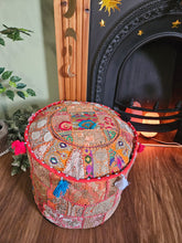 Load image into Gallery viewer, Patchwork indian pouffe for home storage www.karmaripon.co.uk
