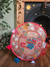 Load image into Gallery viewer, Patchwork indian pouffe for home storage www.karmaripon.co.uk