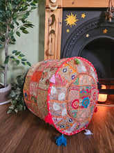 Load image into Gallery viewer, Patchwork indian pouffe for home storage www.karmaripon.co.uk