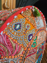 Load image into Gallery viewer, Patchwork indian pouffe for home storage www.karmaripon.co.uk