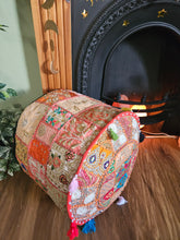 Load image into Gallery viewer, Patchwork indian pouffe for home storage www.karmaripon.co.uk
