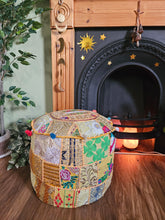 Load image into Gallery viewer, Patchwork indian pouffe for home storage www.karmaripon.co.uk