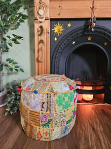 Patchwork indian pouffe for home storage www.karmaripon.co.uk
