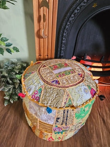 Patchwork indian pouffe for home storage www.karmaripon.co.uk