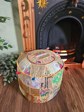 Load image into Gallery viewer, Patchwork indian pouffe for home storage www.karmaripon.co.uk