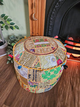 Load image into Gallery viewer, Patchwork indian pouffe for home storage www.karmaripon.co.uk