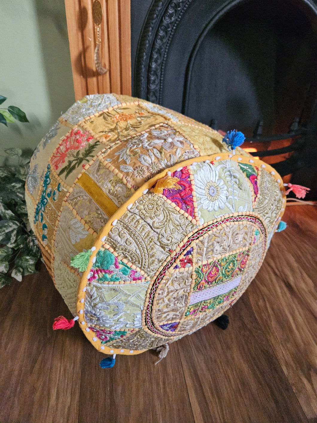 Patchwork indian pouffe for home storage www.karmaripon.co.uk