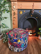 Load image into Gallery viewer, Patchwork indian pouffe for home storage www.karmaripon.co.uk