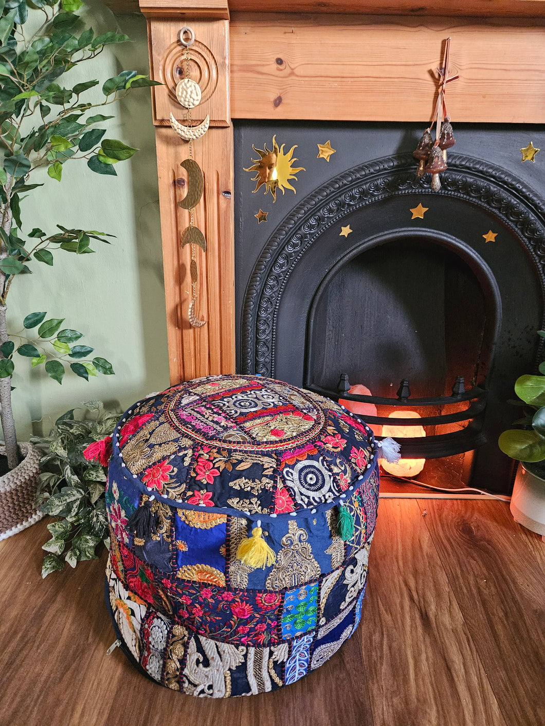 Patchwork indian pouffe for home storage www.karmaripon.co.uk