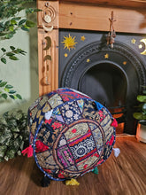 Load image into Gallery viewer, Patchwork indian pouffe for home storage www.karmaripon.co.uk