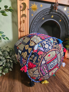 Patchwork indian pouffe for home storage www.karmaripon.co.uk