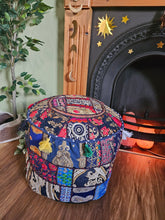 Load image into Gallery viewer, Patchwork indian pouffe for home storage www.karmaripon.co.uk