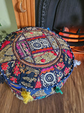 Load image into Gallery viewer, Patchwork indian pouffe for home storage www.karmaripon.co.uk