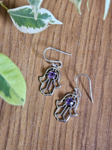 Amethyst Hamsa Earrings set in 925 Silver www.karmaripon.co.uk