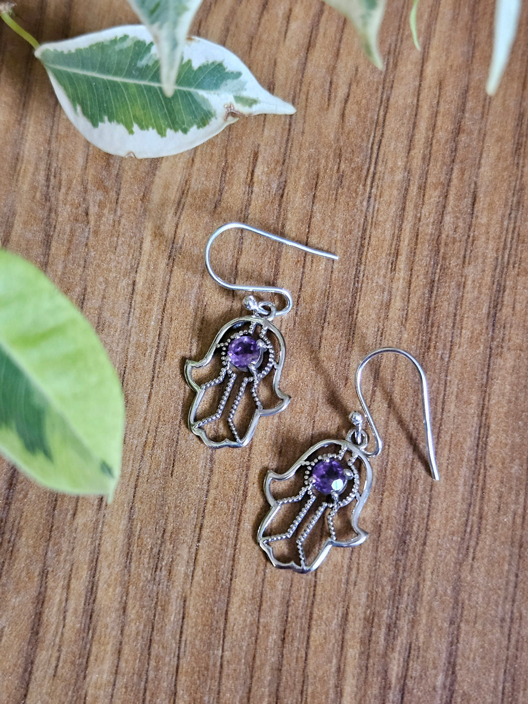 Amethyst Hamsa Earrings set in 925 Silver www.karmaripon.co.uk