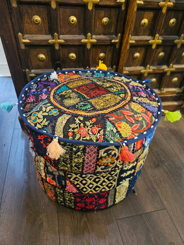 indian patchwork pouffe www.karmaripon.co.uk