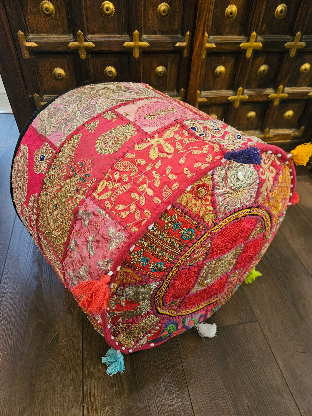 indian patchwork pouffe www.karmaripon.co.uk