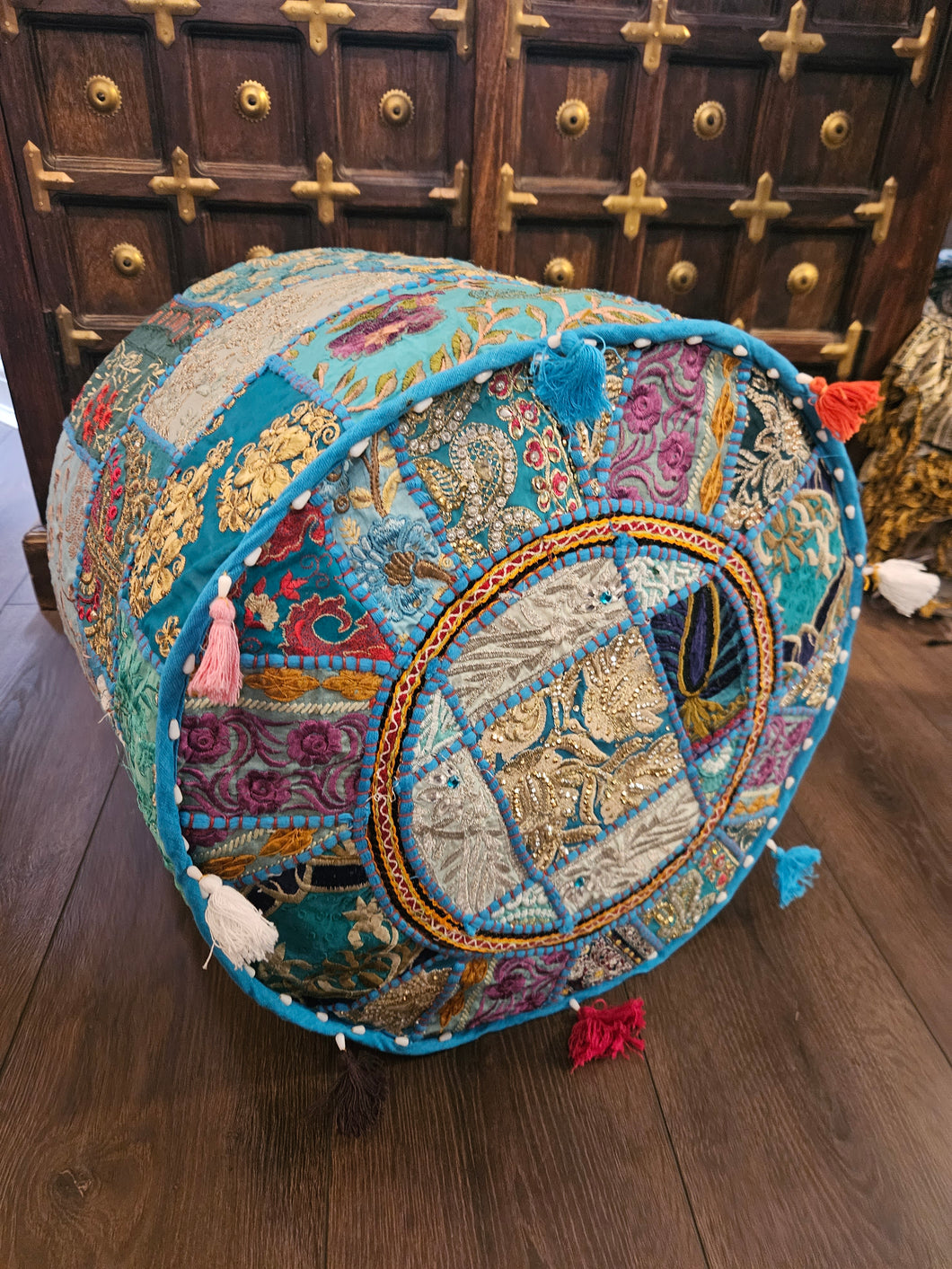 indian patchwork pouffe www.karmaripon.co.uk