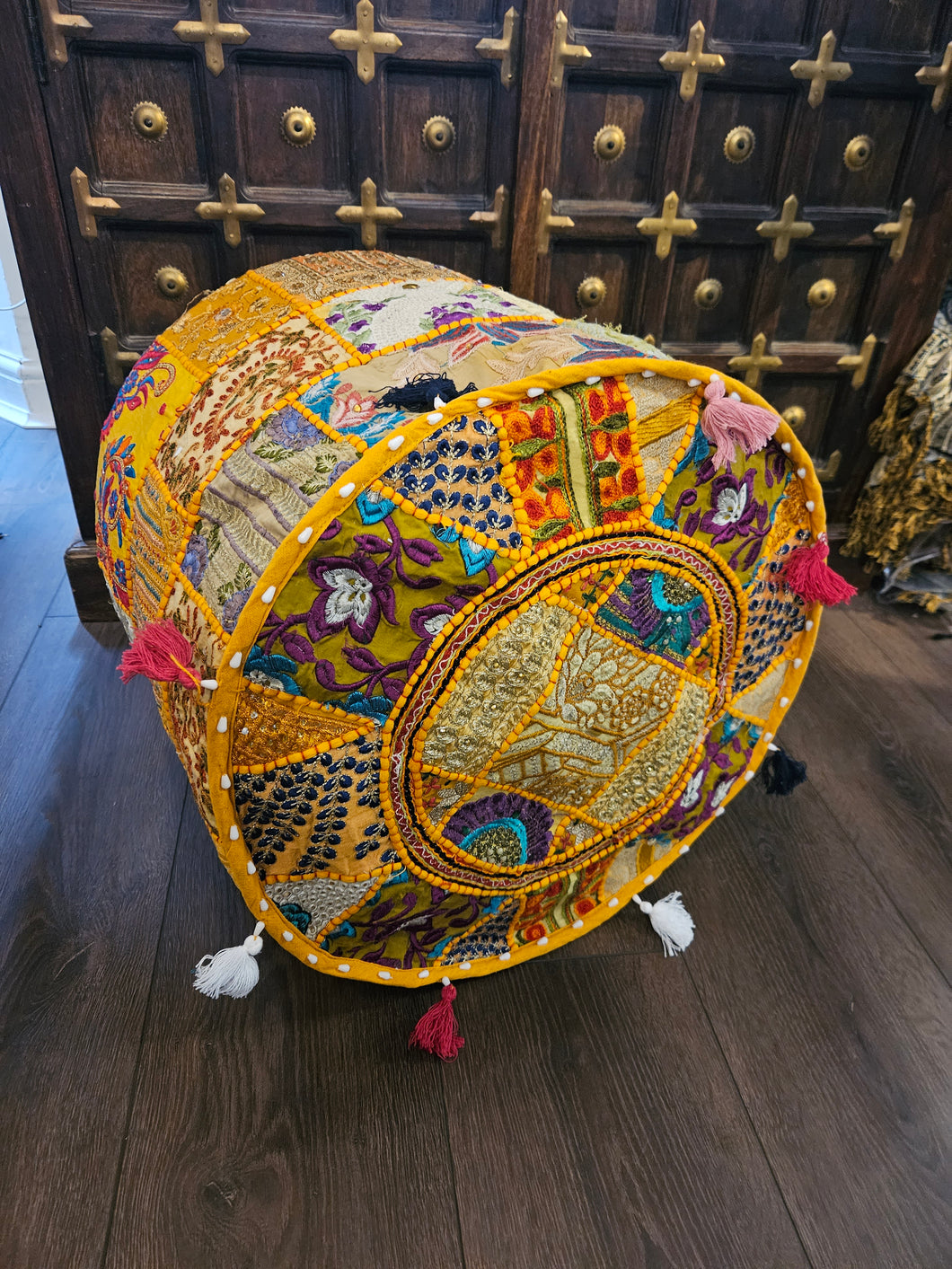 indian patchwork pouffe www.karmaripon.co.uk