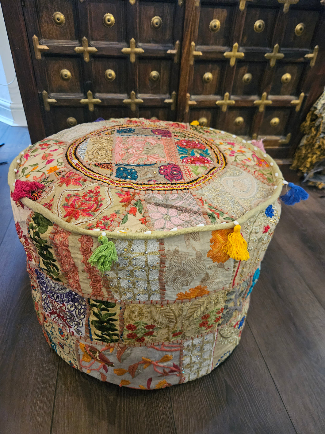 indian patchwork pouffe www.karmaripon.co.uk