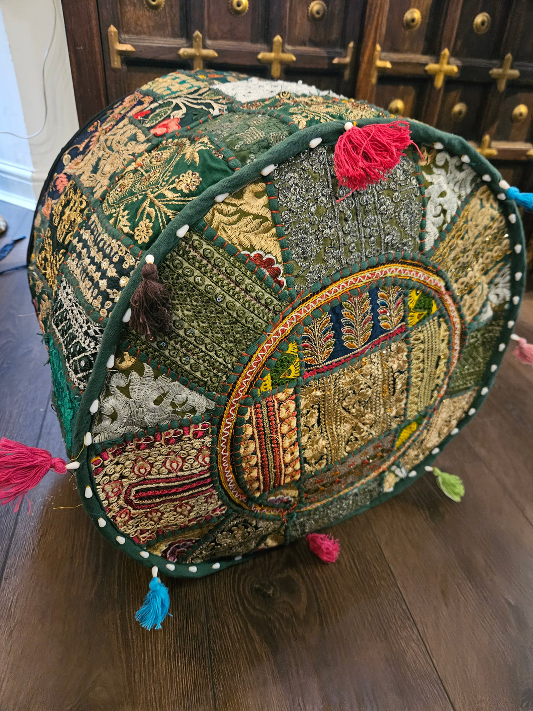 indian patchwork pouffe www.karmaripon.co.uk