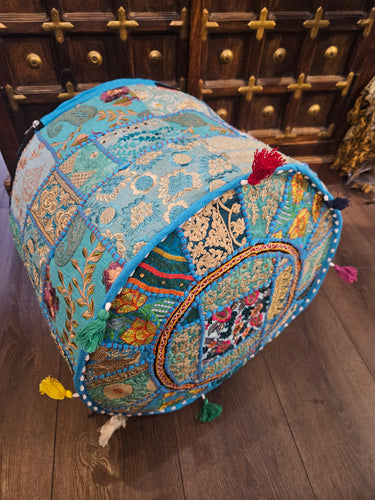 indian patchwork pouffe www.karmaripon.co.uk