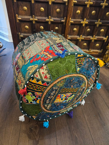 indian patchwork pouffe www.karmaripon.co.uk