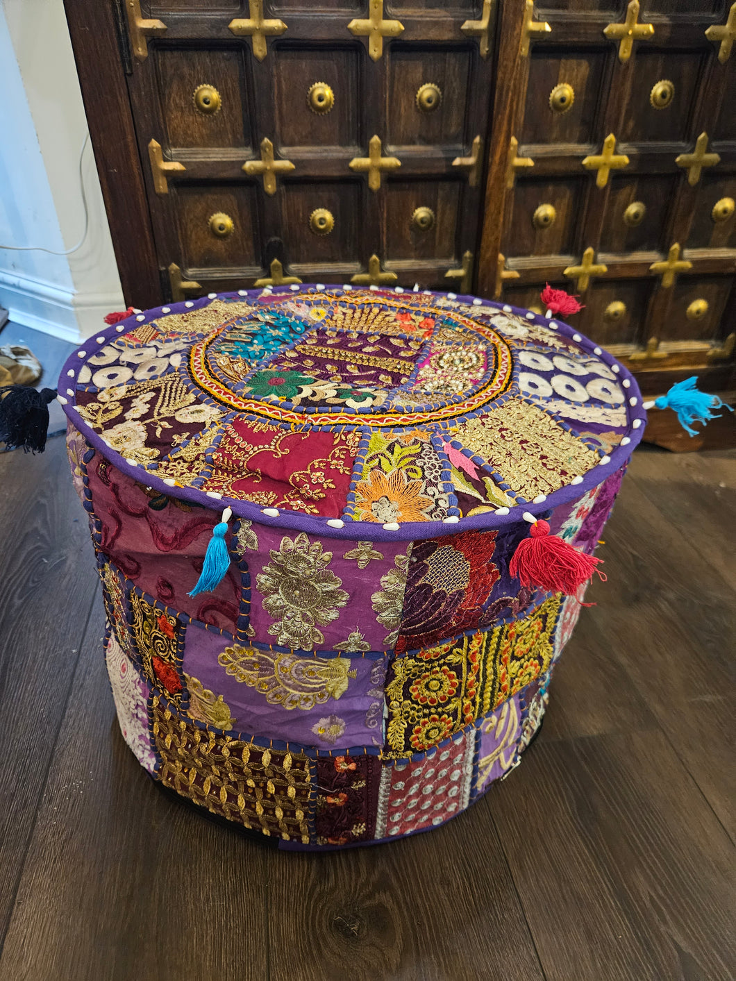 indian patchwork pouffe www.karmaripon.co.uk