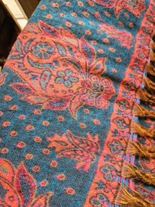 Cosy Large Indian Shawl With Tassels Teal & Pink