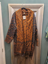 Load image into Gallery viewer, Tassel Shawl Coat/cardigan Teal &amp; Orange www.karmaripon.co.uk