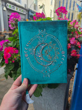 Load image into Gallery viewer, Embroidered Sun &amp; Moon Teal Beaded Lined Journal