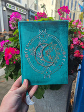 Load image into Gallery viewer, Embroidered Sun &amp; Moon Teal Beaded Lined Journal