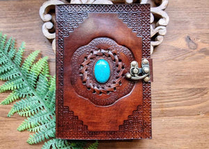 Stone inlaid leather journal www.karmaripon.co.uk