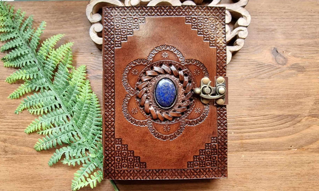 Stone inlaid leather journal www.karmaripon.co.uk