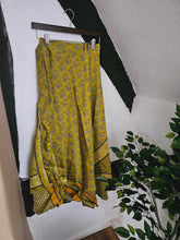 Load image into Gallery viewer, Chartreuse Repurposed Sari Skirt www.karmaripon.co.uk