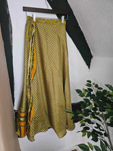Load image into Gallery viewer, Chartreuse Repurposed Sari Skirt www.karmaripon.co.uk