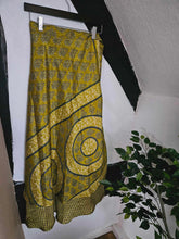 Load image into Gallery viewer, Chartreuse Repurposed Sari Skirt www.karmaripon.co.uk
