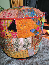 Load image into Gallery viewer, Orange Indian Pouffe www.karmaripon.co.uk