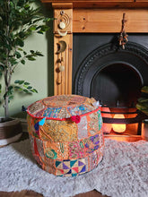 Load image into Gallery viewer, Orange Indian Pouffe www.karmaripon.co.uk
