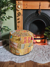 Load image into Gallery viewer, Yellow Indian Pouffe www.karmaripon.co.uk