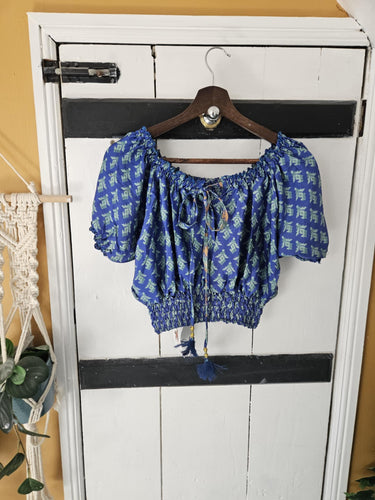 Blue Repurposed Sari Crop Top UK 12-16